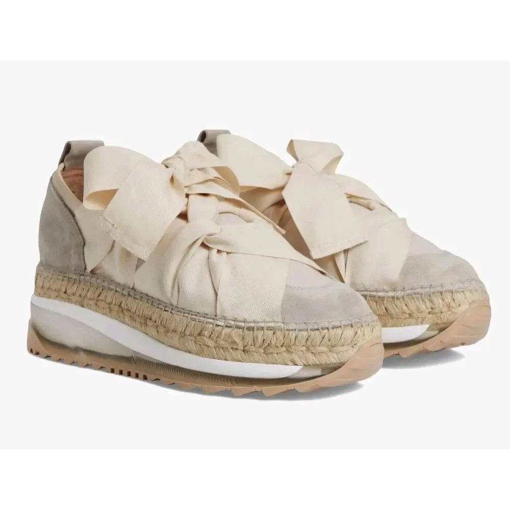 New Free People Chapmin Espadrille Sneaker Ivory Ribbon Lace Platform Shoe Sz 39